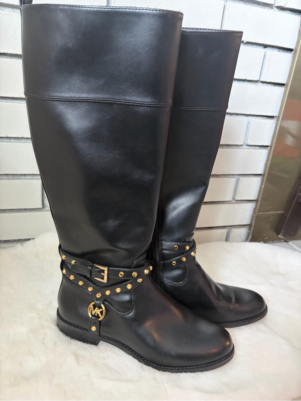 Michael Kors Black Leather Knee-High Boots with Gold Studs